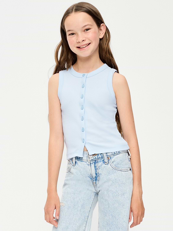 Fitted Sleeveless Ribbed Button-Front Top for Girls