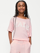 Image 1 of 2, off-shoulder neckline, raw-edge neckline, short sleeves, graphic at front, Product #894007
