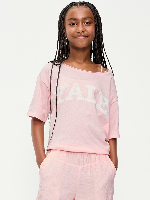 College Off-Shoulder Graphic T-Shirt for Girls