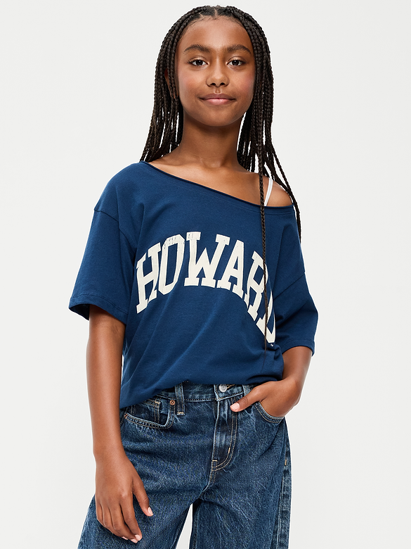 College Off-Shoulder Graphic T-Shirt for Girls