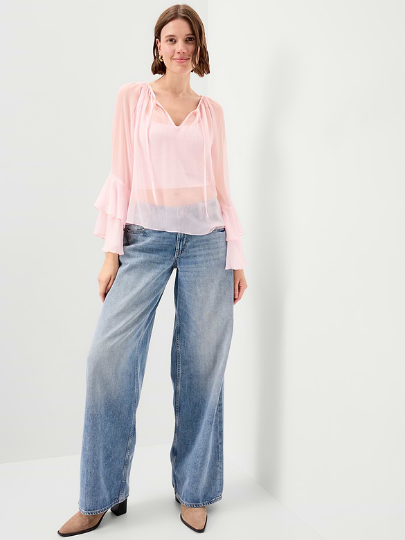 Sheer Chiffon Bell-Sleeve Top