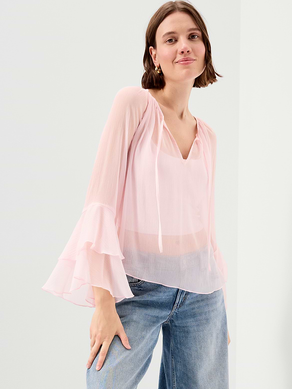 Sheer Chiffon Bell-Sleeve Top