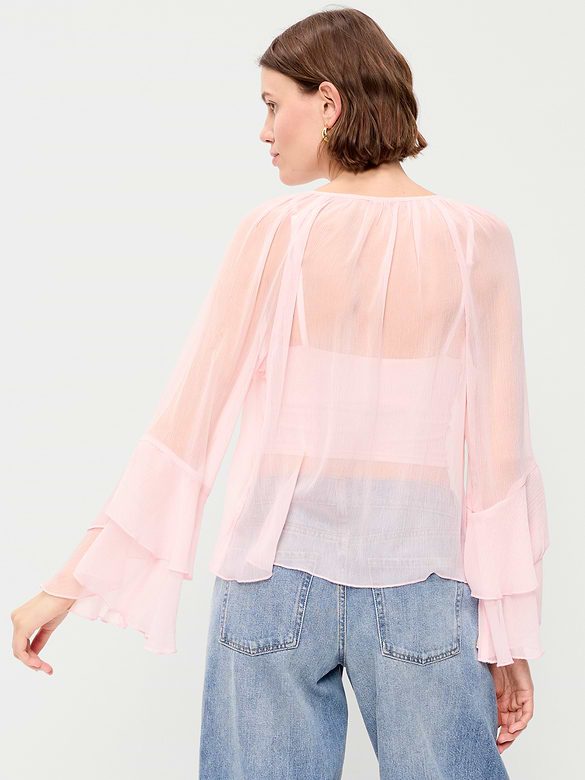 Sheer Chiffon Bell-Sleeve Top