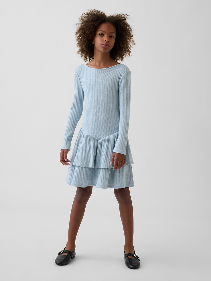 Image 1 of 5, Soft pointelle knit kids dress with metallic detail., Boat neck, scoop back., Long sleeves., Shirring at angled drop waist., Tiered skirt., Product #1181428