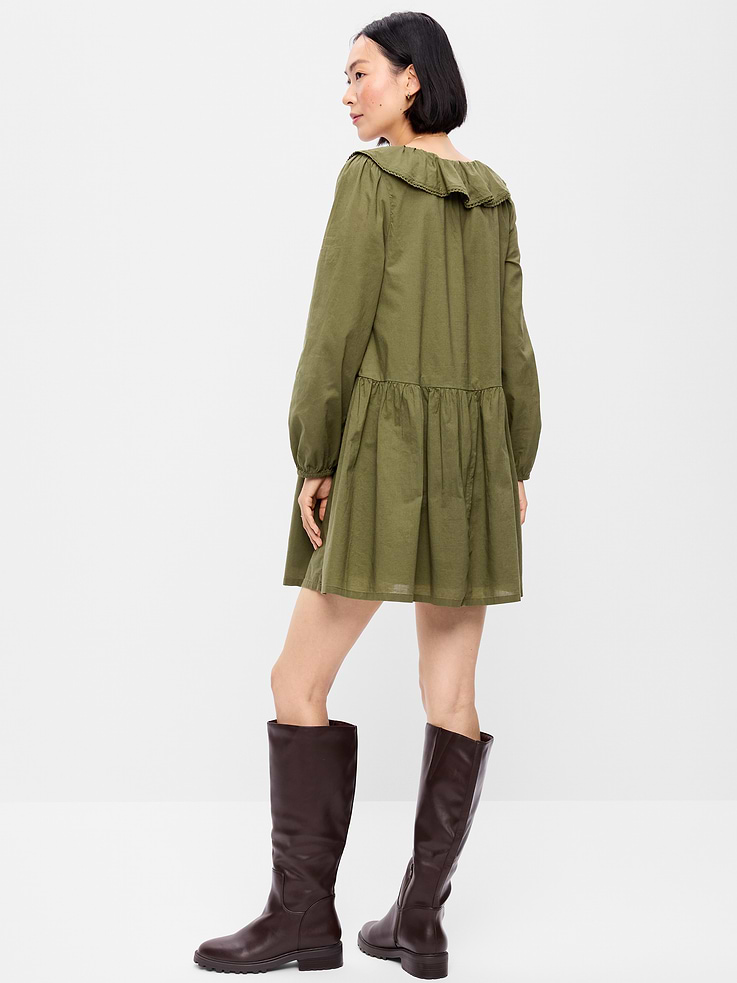 Image 2 of 10, Long-Sleeve Ruffle-Collar Swing Mini Dress
