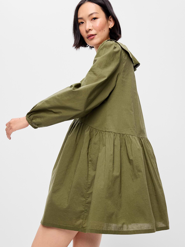 Image 3 of 10, Long-Sleeve Ruffle-Collar Swing Mini Dress