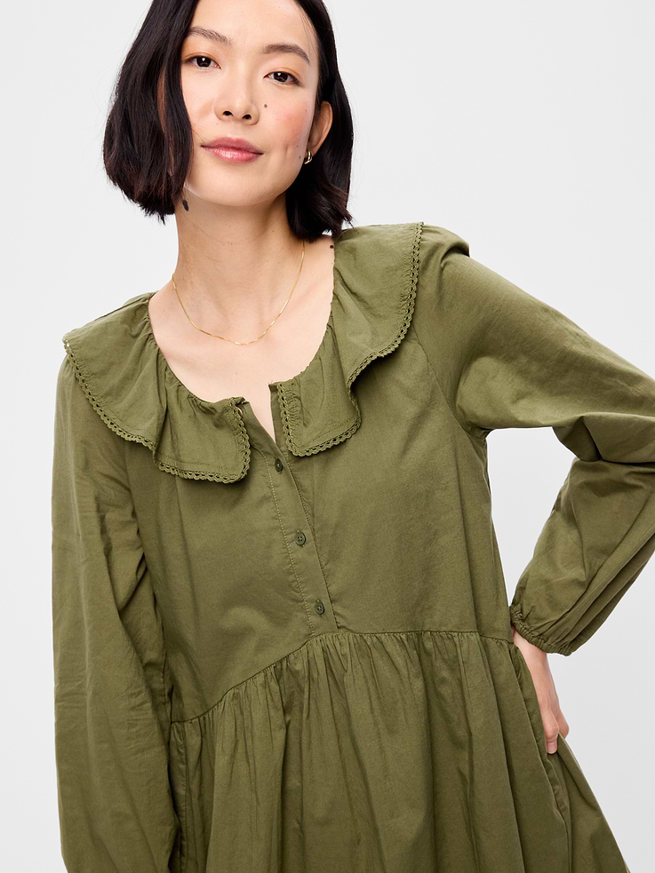 Image 5 of 10, Long-Sleeve Ruffle-Collar Swing Mini Dress