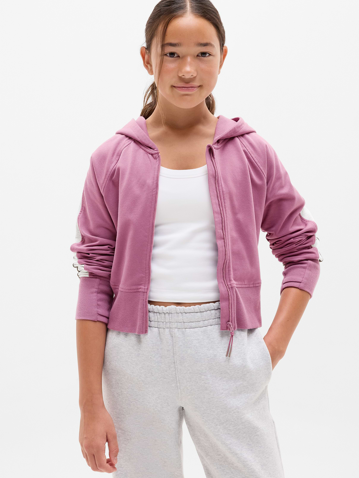 Image number 1 showing, Athleta Girl All Day Colorblock Full Zip Shrunken Hoodie