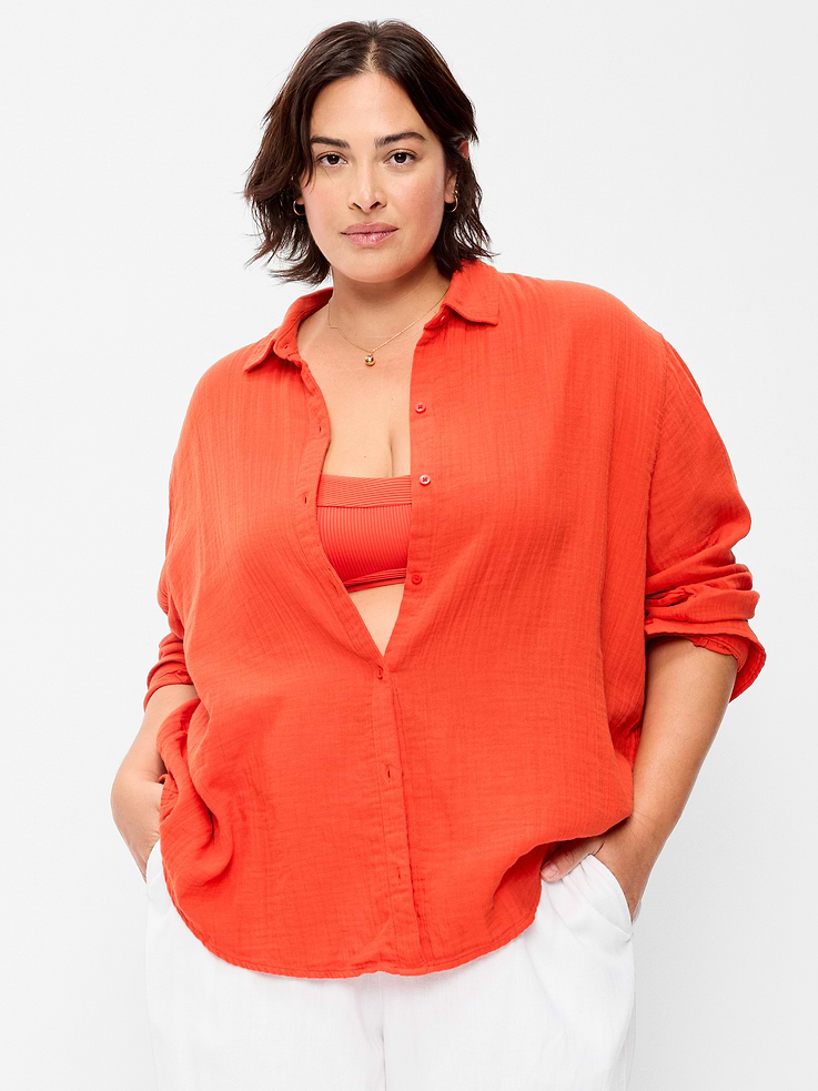 Image number 7 showing, Open-Back Crinkle Gauze Button-Down Shirt