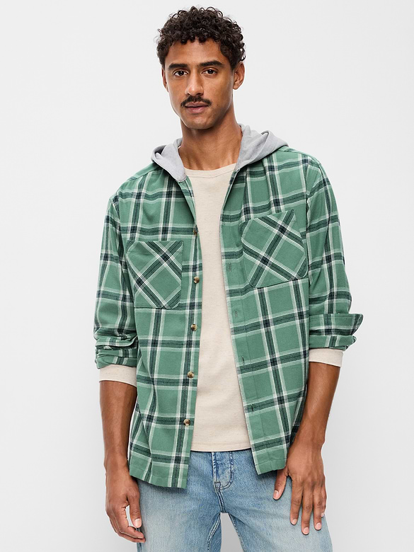 Long-Sleeve Flannel Hooded Shirt