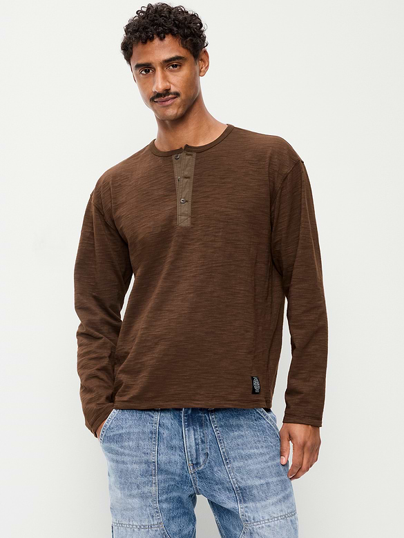 Long-Sleeve Slub-Knit Henley T-Shirt