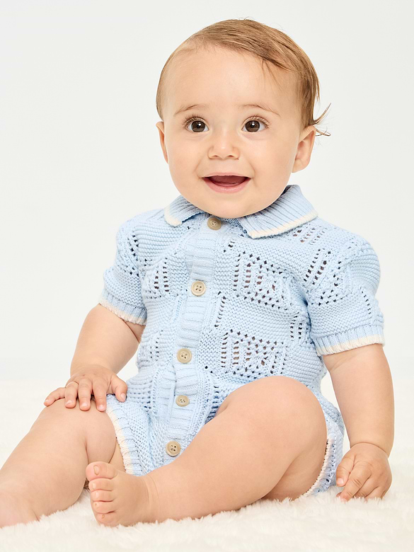 Short-Sleeve Sweater-Knit One-Piece Romper for Baby