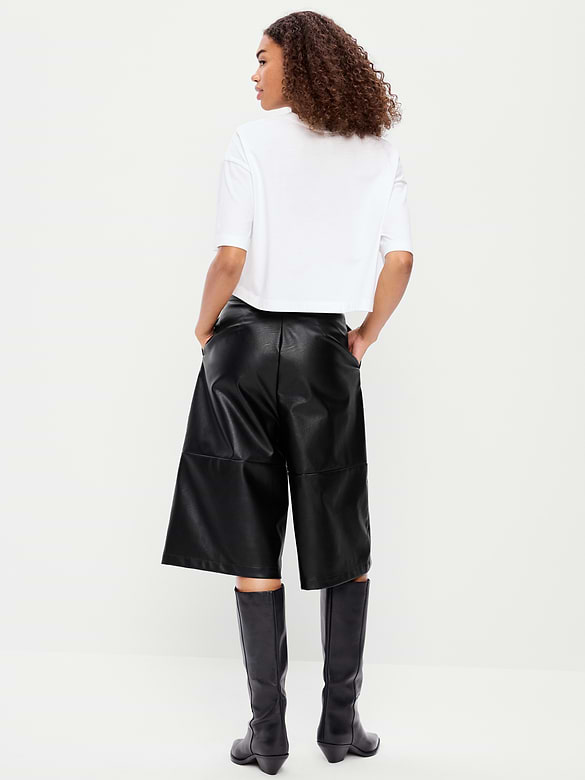 Mid-Rise Faux-Leather Baggy Culottes