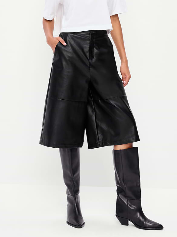 Mid-Rise Faux-Leather Baggy Culottes
