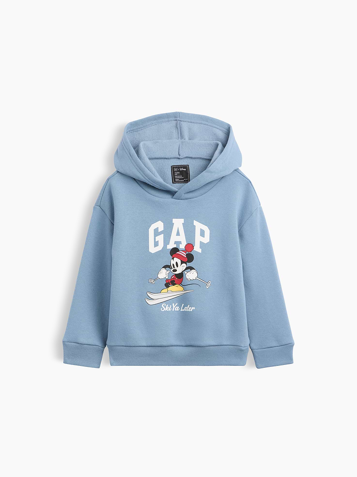 Image 1 of 3, A very special collaboration between Gap and Disney— two timeless, iconic American brands— led us to create a collection that celebrates Mickey Mouse and Minnie Mouse., This product is made with/contains 23% recycled polyester. Compared to virgin materials, using recycled materials helps reduce resource use and waste., Soft, comfy fleece., Dropped shoulder, long sleeves with banded cuffs., Hood., Gap logo with graphic at front., Banded hem., Product #1179517