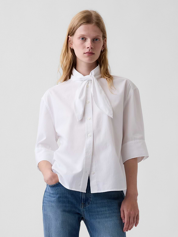 Organic Cotton Poplin Tie-Neck Shirt