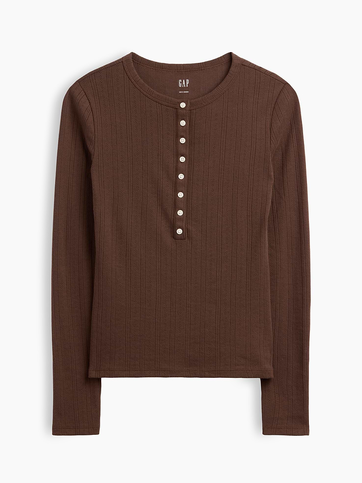 Image 5 of 5, Pointelle Henley T-Shirt