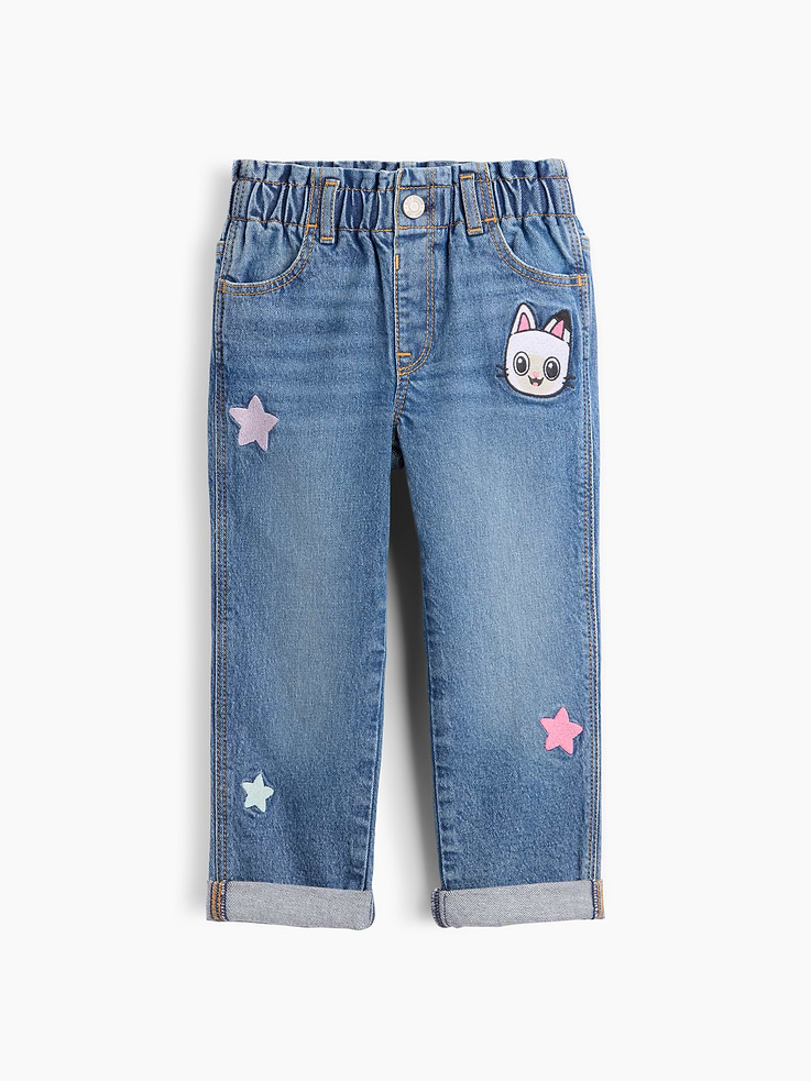 Image 1 of 3, This product is made with/contains 5% recycled cotton. Compared to virgin materials, using recycled materials helps reduce resource use and waste., This product is part of our water-saving Washwell program. Compared with conventional wash methods, Washwell uses at least 20% less water., Low-stretch denim., Medium indigo wash with fading and whiskering., Elasticized paperbag waist., Snap closure, and now with easy faux fly for all sizes. Select inventory may temporarily include zip fly for sizes 2T-5T., Front slant pockets, patch pockets at back., Rolled cuffs., Allover embroidery., Product #1178469