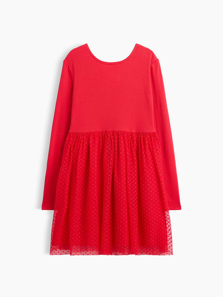Image 1 of 3, Soft ribbed top, smooth woven skirt., Long sleeves., Round neckline., Shirring at waist., Select styles have allover print or plaid at skirt., Product #1187025