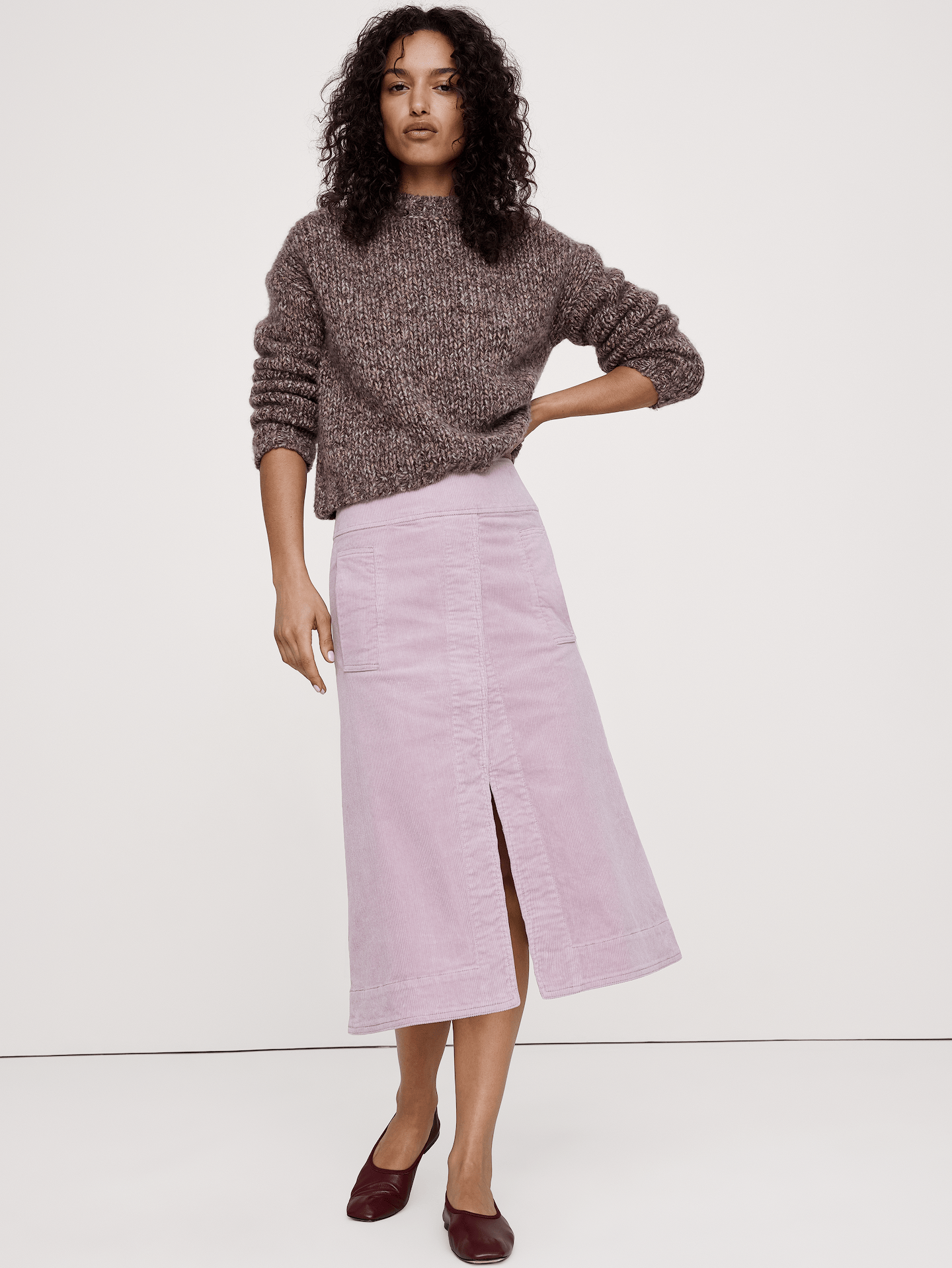 Image number 1 showing, Corduroy Asymmetrical-Slit Midi Skirt