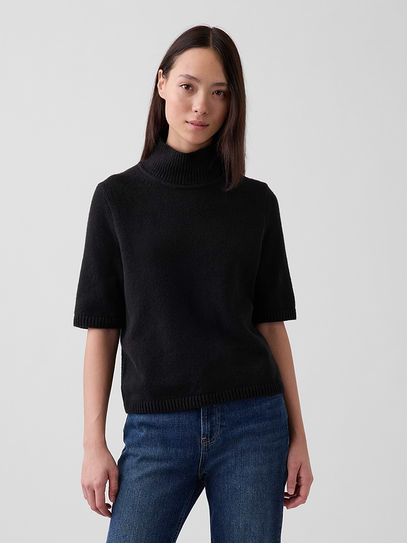 CashSoft Mockneck Elbow-Sleeve Sweater