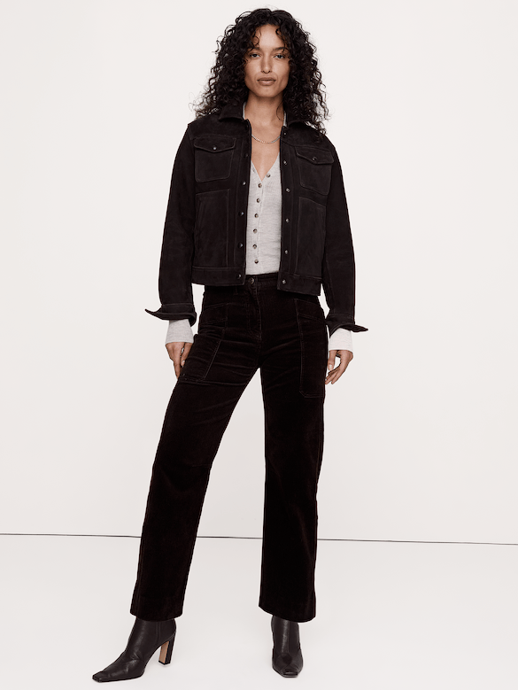Pantalon droit taille haute extensible en velours côtelé