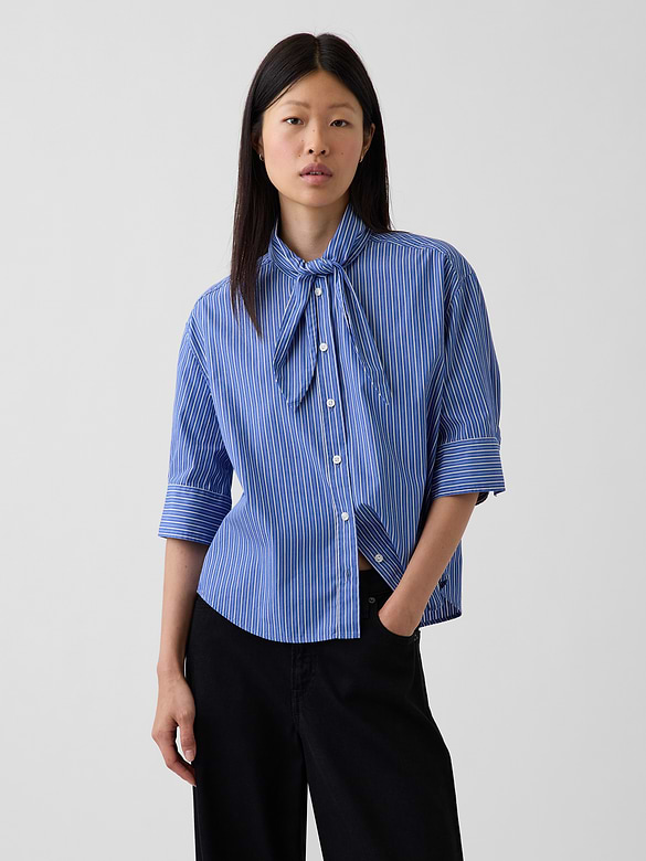 Organic Cotton Poplin Tie-Neck Shirt