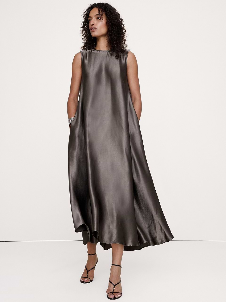 banana republic grey silk dress Aurelia Italian Satin Sleeveless Trapeze VIN