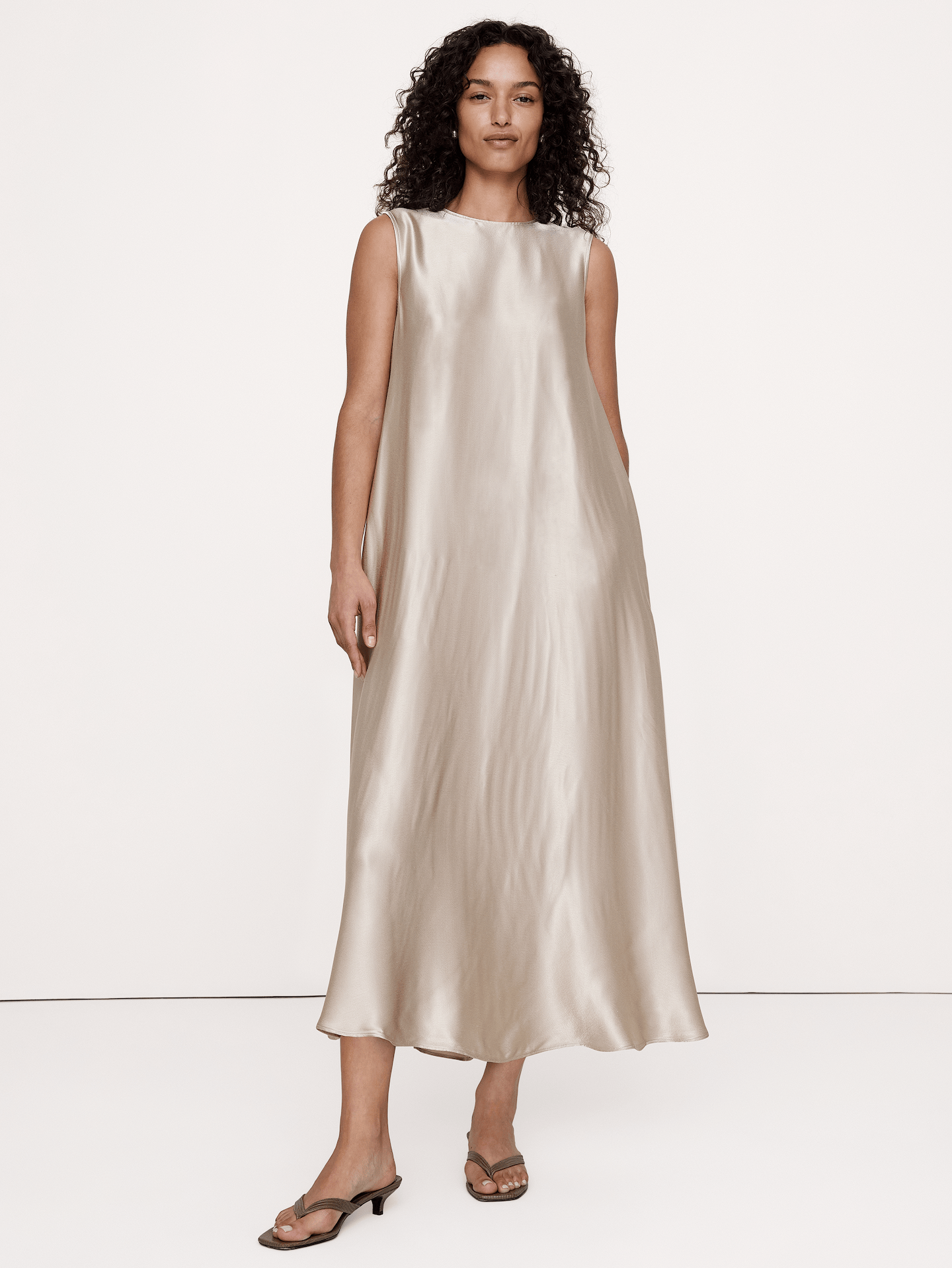 Image number 1 showing, Italian Satin Sleeveless Trapeze Dress