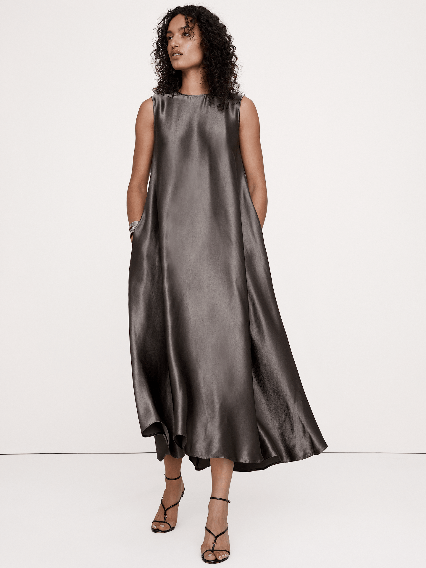 Image number 1 showing, Italian Satin Sleeveless Trapeze Dress