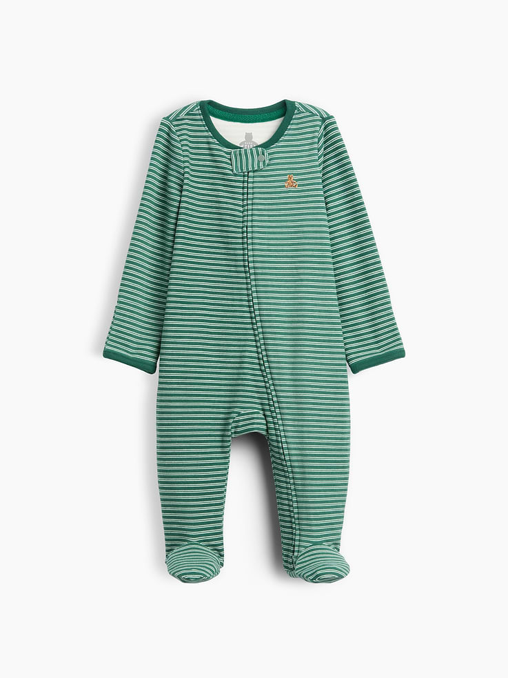 Image 1 of 2, The perfect blend of airy and plush. Versatile and made for layering., Soft, stretch knit baby footed one-piece., Crewneck with snap tab to protect little chins., Long sleeves with foldover cuffs to prevent scratches., Reversible two-way zipper for easy dressing and diapering., Embroidered Brannan Bear at chest., Allover print., This product was made in a factory that invests in gender equity and women’s empowerment through RISE. Learn more at gapinc.com/equity ., Product #1184862
