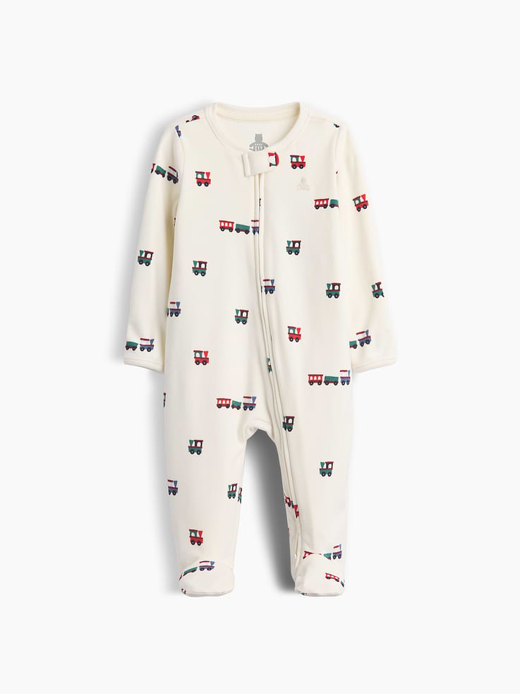 Image 1 of 2, The perfect blend of airy and plush. Versatile and made for layering., Soft, stretch knit baby footed one-piece., Crewneck with snap tab to protect little chins., Long sleeves with foldover cuffs to prevent scratches., Reversible two-way zipper for easy dressing and diapering., Embroidered Brannan Bear at chest., Allover print., This product was made in a factory that invests in gender equity and women’s empowerment through RISE. Learn more at gapinc.com/equity ., Product #1184862