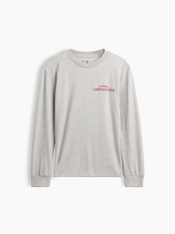 Image 1 of 3, Soft cotton jersey graphic T-shirt. In a relaxed fit., Crewneck., Long sleeves with banded cuffs., WB™ holiday movie graphics at front and back., This product was made in a factory that invests in gender equity and women’s empowerment through RISE. Learn more at gapinc.com/equity ., Product #1187941