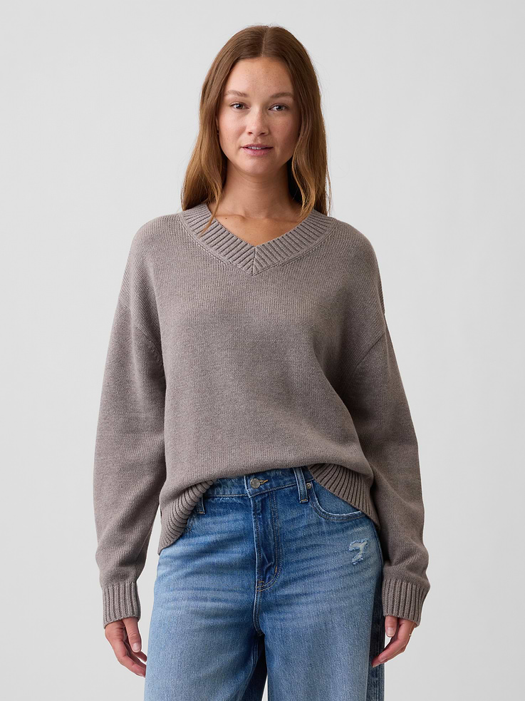 Image 1 of 5, Soft cotton knit., Dropped shoulder, long balloon sleeves with ribbed cuffs., Ribbed V-neck., Ribbed hem., Select styles have allover stripes., Product #1177186