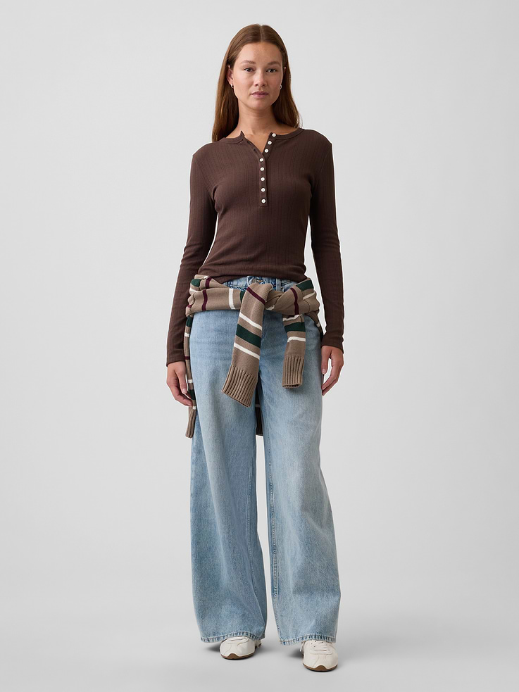 Image 3 of 5, Pointelle Henley T-Shirt