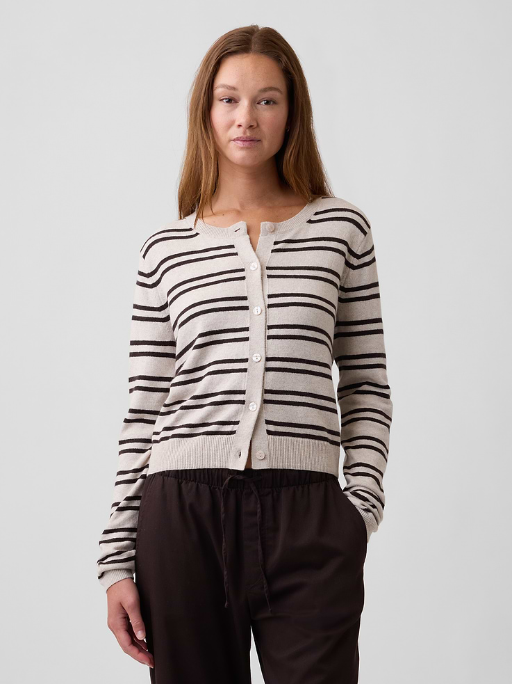 Image 1 of 5, Plush like cashmere. Easier than anything. With a lightweight layer-able feel & brushed for softness., Soft cotton-blend knit., Long sleeves with ribbed cuffs., Ribbed crewneck, button front., Ribbed hem., Select styles have allover print, stripes, or argyle pattern., Product #1177179