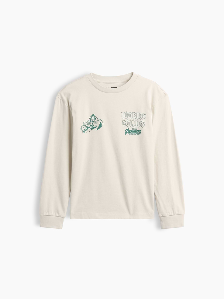 Image 1 of 3, Soft cotton jersey T-shirt. In a relaxed fit., Crewneck., Long sleeves with banded cuffs., Marvel graphics at front and back., Made with 60% Protocol cotton verified by the U.S. Cotton Trust Protocol, a program which works with farms committed to improving their environmental footprint by minimizing water usage and improving soil health (Claim No. 10127)., This product was made in a factory that invests in gender equity and women’s empowerment through RISE. Learn more at gapinc.com/equity ., Product #1184276