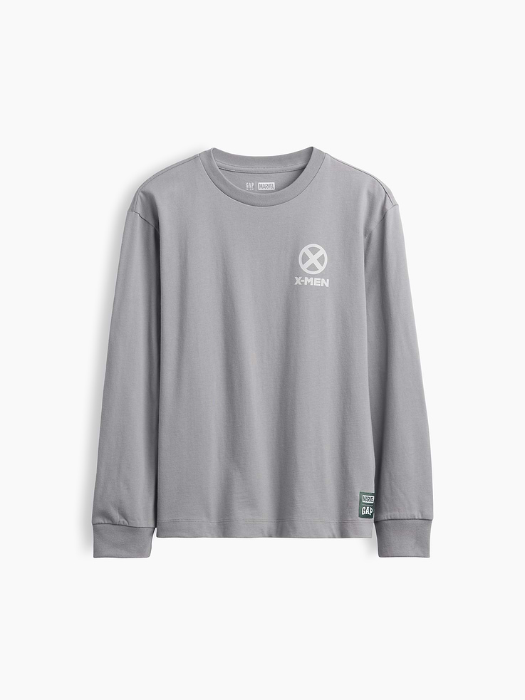 Image 1 of 3, Soft cotton jersey T-shirt. In a relaxed fit., Crewneck., Long sleeves with banded cuffs., Marvel graphics at front and back., Made with 60% Protocol cotton verified by the U.S. Cotton Trust Protocol, a program which works with farms committed to improving their environmental footprint by minimizing water usage and improving soil health (Claim No. 10127)., This product was made in a factory that invests in gender equity and women’s empowerment through RISE. Learn more at gapinc.com/equity ., Product #1184276
