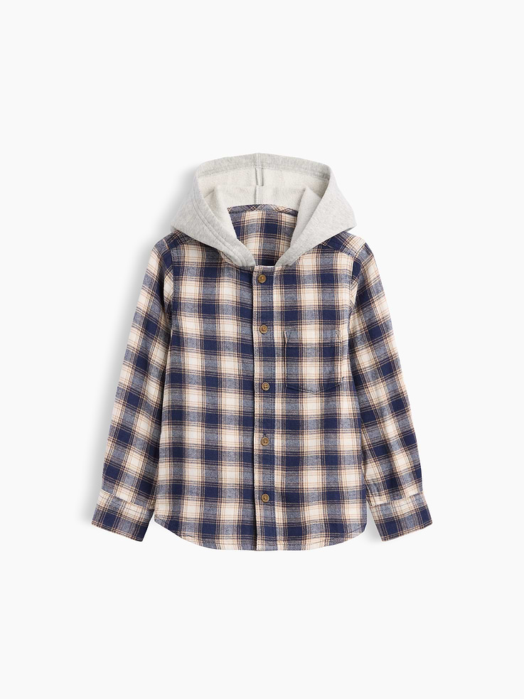 Image 1 of 3, Smooth flannel weave with fleece hood., Dropped shoulder, long sleeves with button cuffs., Hood, button front., Patch pocket at chest., Curved shirttail hem., Select styles have allover print, stripes, or plaid., Product #1178988