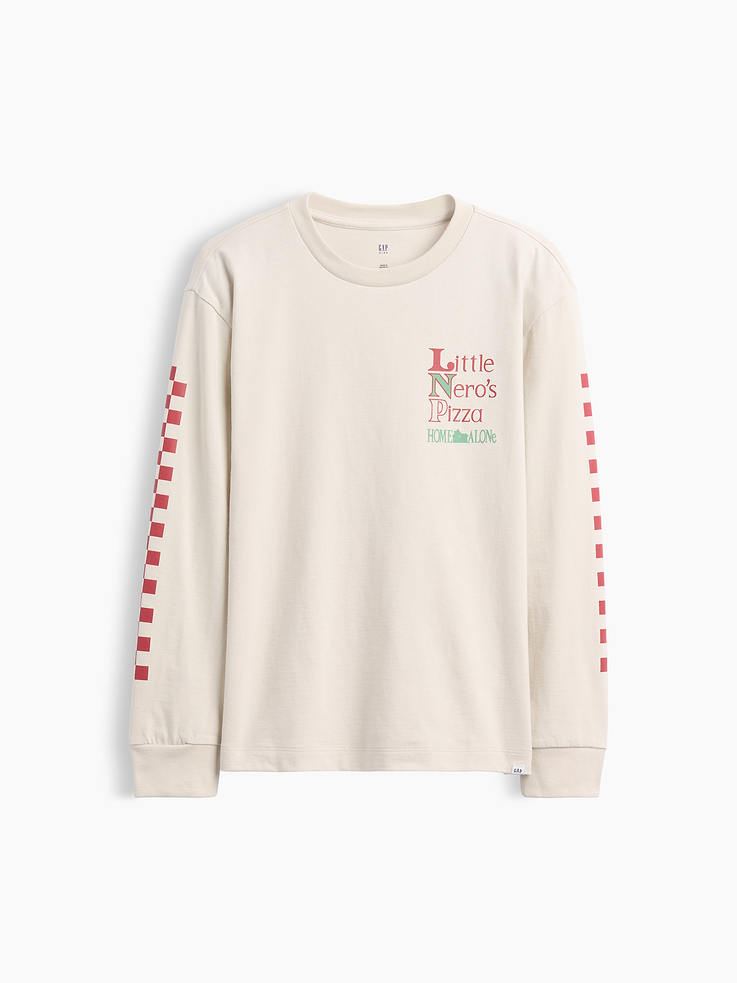 Image 1 of 3, Soft cotton jersey T-shirt. In a relaxed fit., Crewneck., Long sleeves with banded cuffs., Graphics at front and back., Made with 60% Protocol cotton verified by the U.S. Cotton Trust Protocol, a program which works with farms committed to improving their environmental footprint by minimizing water usage and improving soil health (Claim No. 10127)., This product was made in a factory that invests in gender equity and women’s empowerment through RISE. Learn more at gapinc.com/equity ., Product #1183456