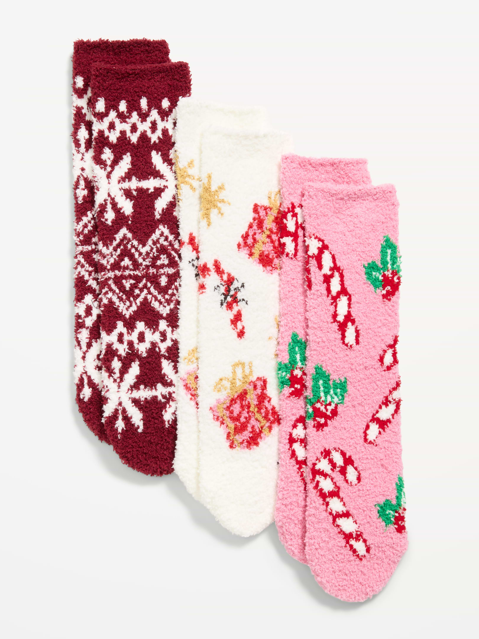 Image 1 of 2, includes 3 pairs of cozy crew socks, elasticized openings, notched toe seams, Product #907906