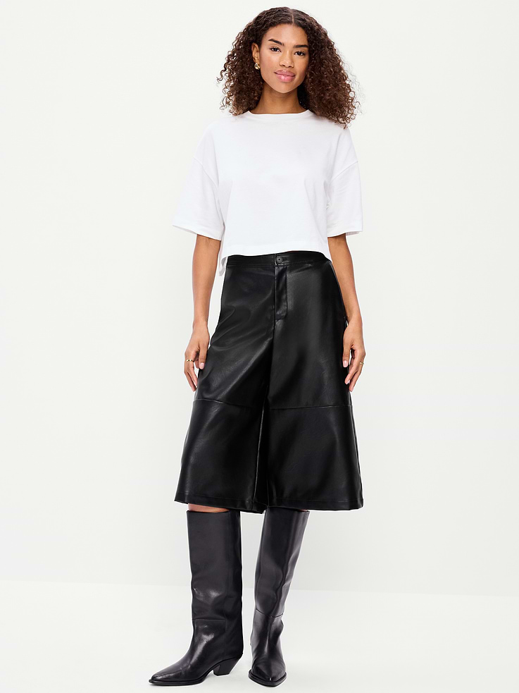 Image number 1 showing, Mid-Rise Faux-Leather Baggy Culottes