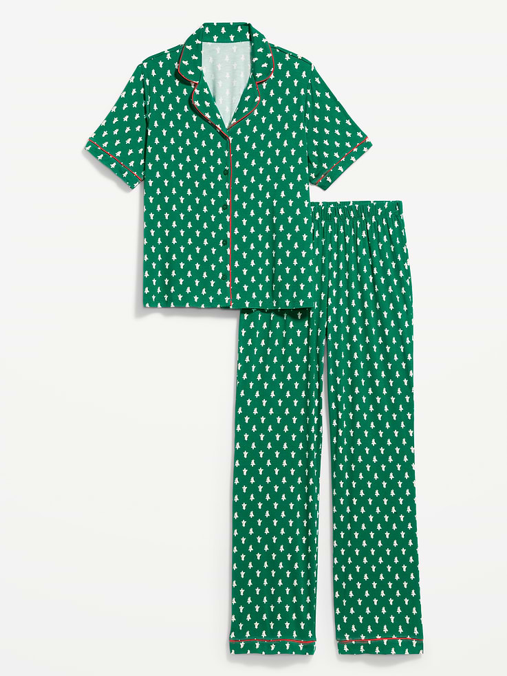 Image 1 of 7, Knit jersey so unbelievably soft and stretchy., set includes pajama shirt and matching bottoms, spread collar, short sleeves, patch chest pocket, full button-front, elastic-waist pajama pants, decorative button fly, Product #894234