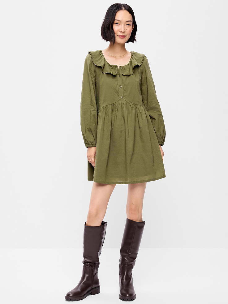 Image number 1 showing, Long-Sleeve Ruffle-Collar Swing Mini Dress