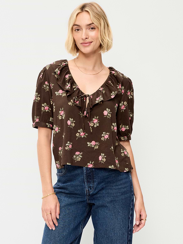 Ruffle Collar Tie-Front Top