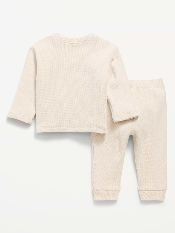 Long-Sleeve Waffle-Knit Henley Top and Pants Set for Baby