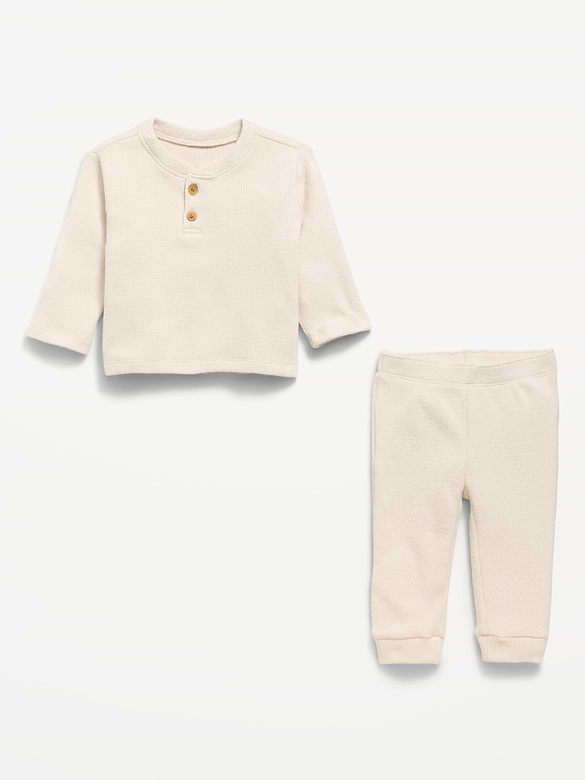 Long-Sleeve Waffle-Knit Henley Top and Pants Set for Baby