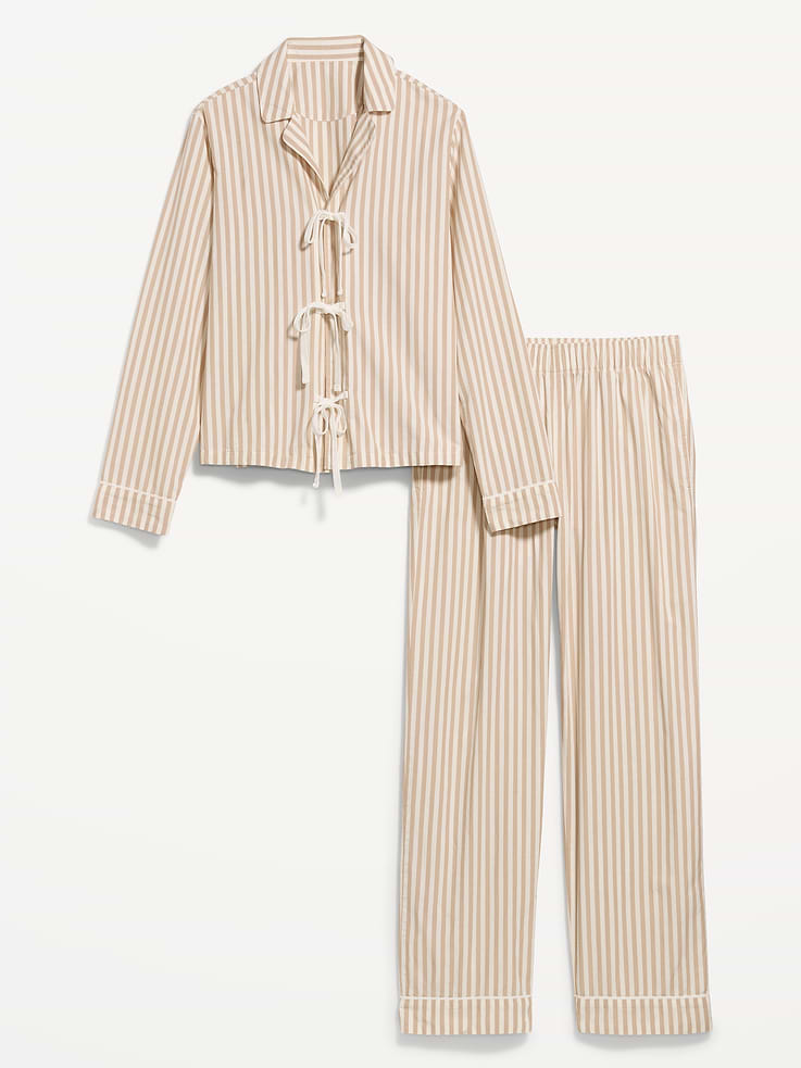 Image 3 of 7, Tie-Front Poplin Pajama Pant Set