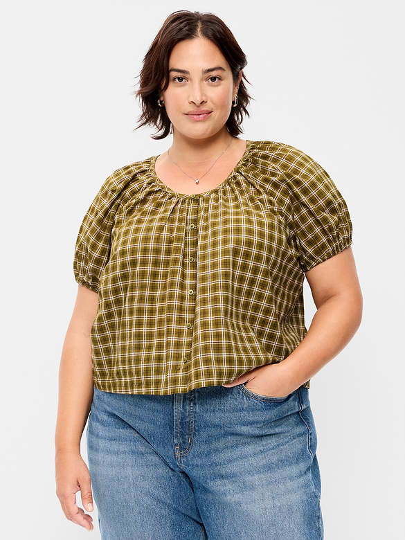 Short-Sleeve Button-Front Plaid Top