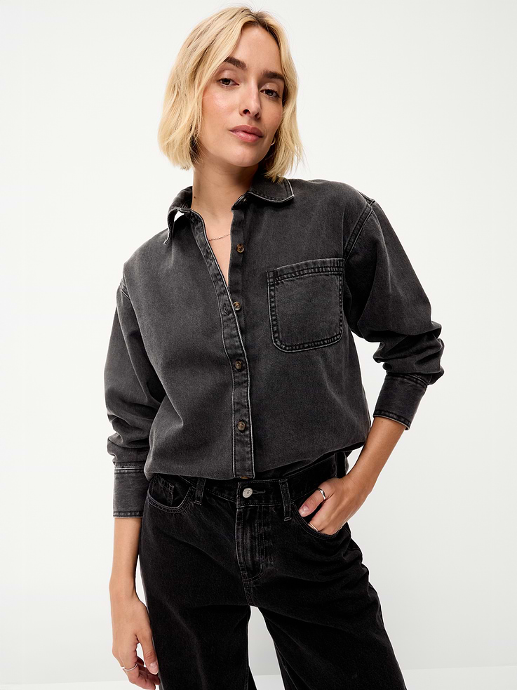 Image number 1 showing, Oversized Boyfriend Button-Down Jean Shirt